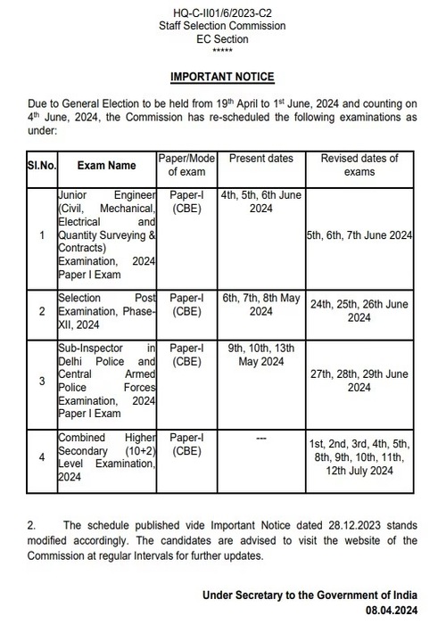 SSC Exam Dates 2024 changed Excellent Information